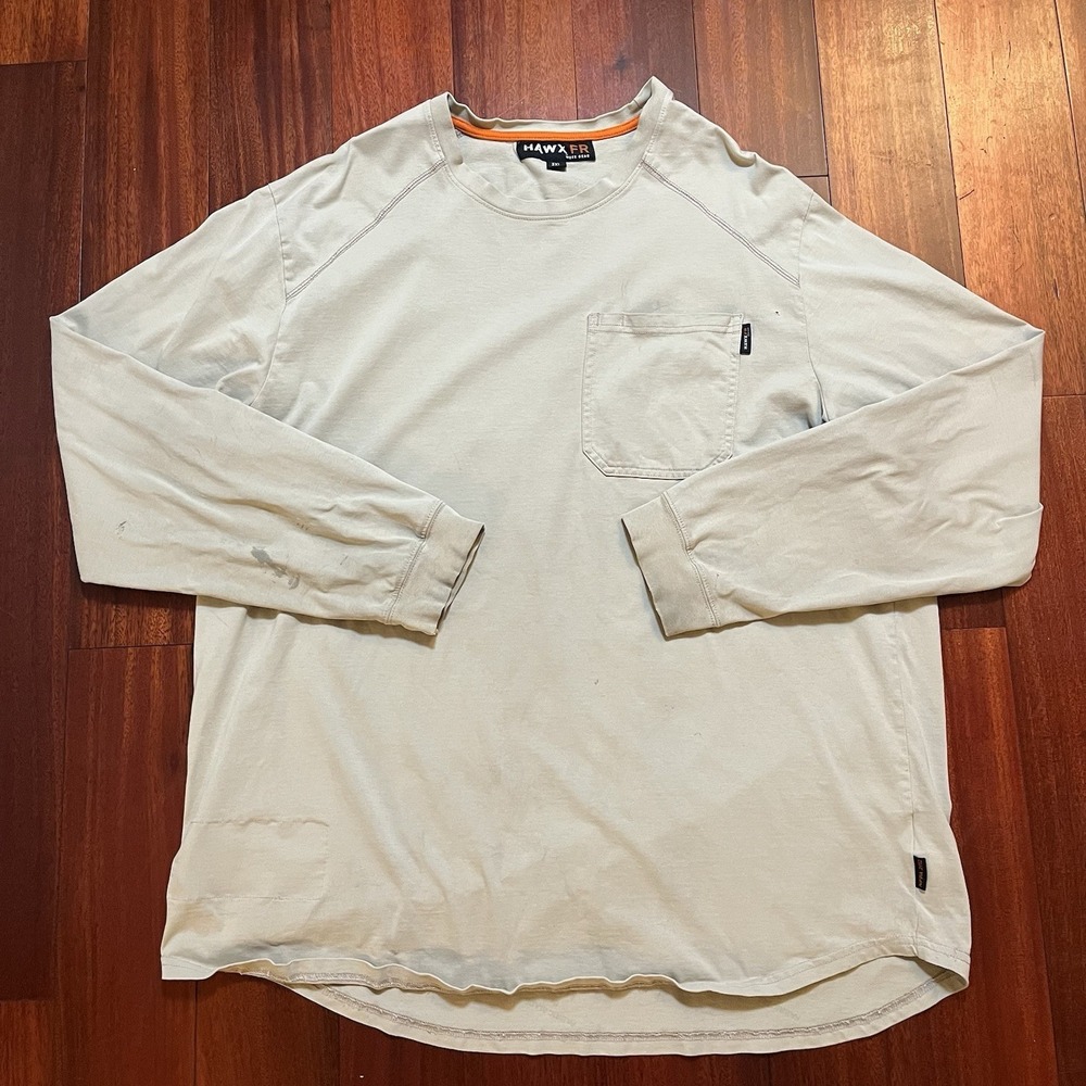 Hawx FR Shirt Men 3XL XXXL Tan Beige Long Sleeve Crewneck DISTRESSED Workwear